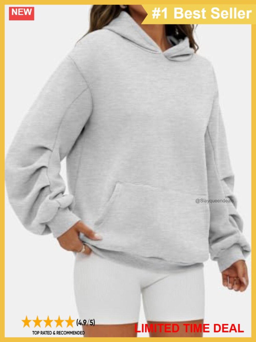 Oversized Fleece-Lined Hoodie Ruched Sleeve Kangaroo Pocket Pullover - Picture 3 of 6